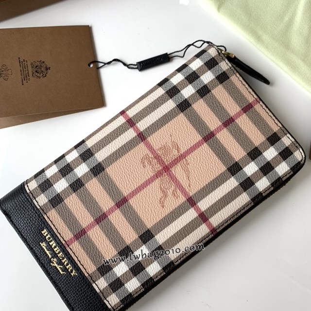 Burberry專門店新款男士拉鏈長夾錢包 巴寶莉Haymarket格紋拼皮革大號拉鏈錢夾 yxb1019